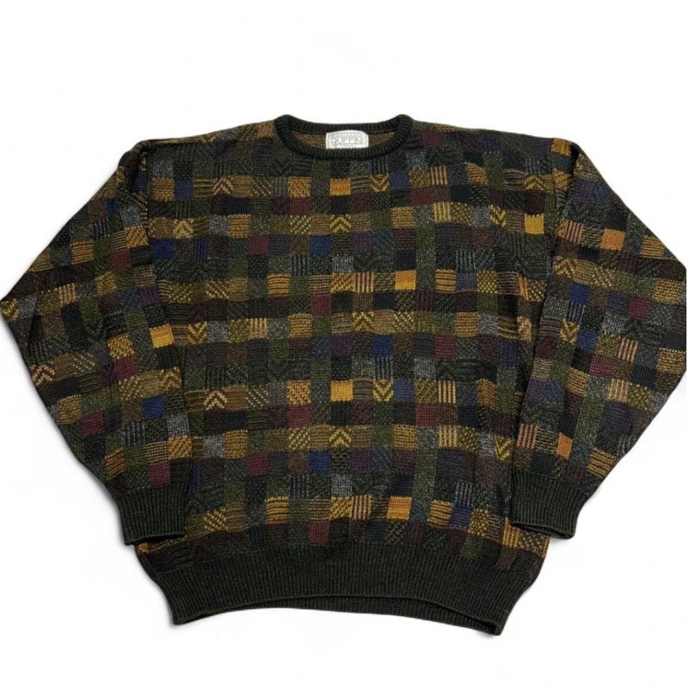 Gianfranco Ruffini Italy Mens Medium Patchwork Knit Crewneck Sweater Multi Color